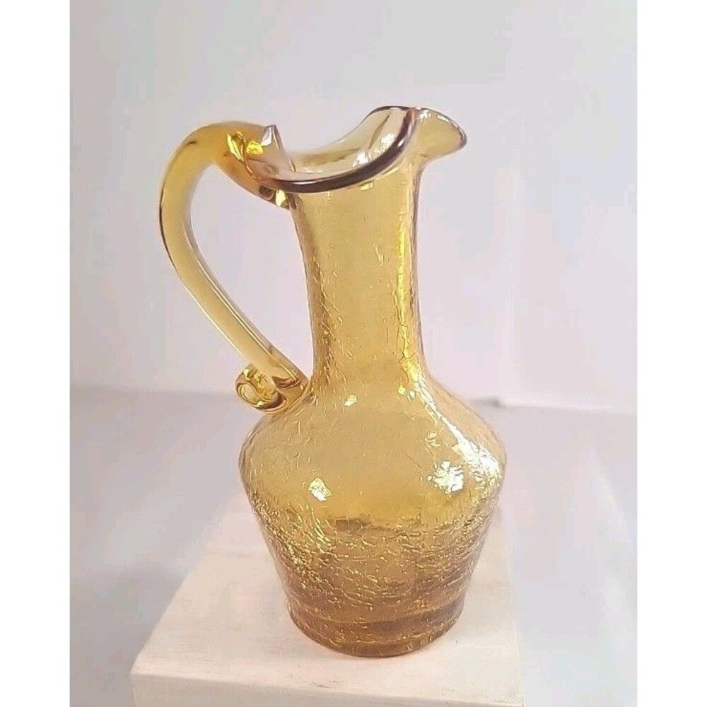 Vintage Decorative 5" Pitcher Cruet Amber/yellow Hand Blown Crackle Glass  EC